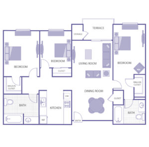 3 bed 2 bath floor plan, kitchen, dining room, terrace and storage, 2 walk-in closets, 2 closets