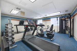 Interior Fitness Center, Treadmill, stationary bike, multi use weightlifting machine, dumbbell rack, mirrored wall, matted floor.